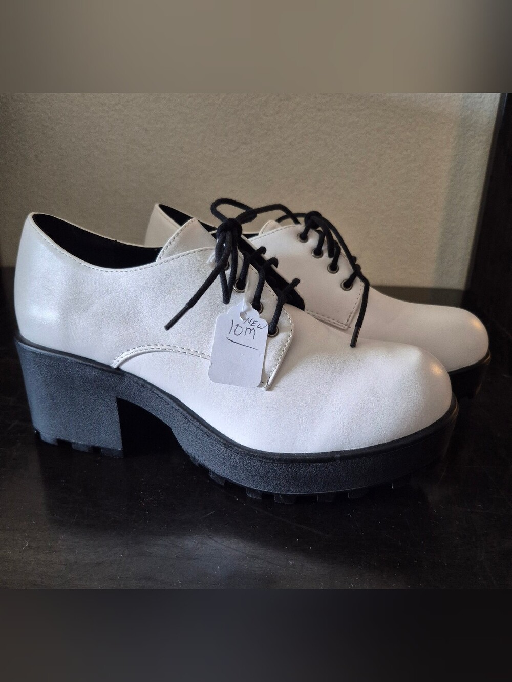 Soda White Lace-Up Chunky Heel Oxfords with Black Sole